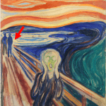 The painting, 'The Scream' by Edvard Munch. A red arrow points to the region next to the couple in background where the faded paint was sampled